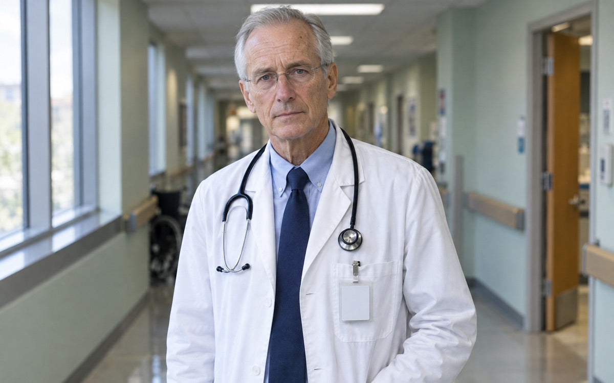 Studio portrait of Dr. Robert Hale: late sixties, white coat, hospital corridor behind him, no smile
