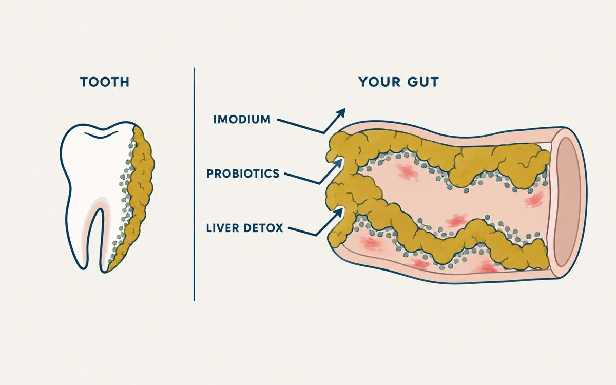 Simple diagram a child could follow: a tube with a thick coating on the inside wall, bacteria marked underneath it, arrows bouncing off the surface labelled PROBIOTICS / IMODIUM / LIVER BOTTLE, one arrow through the coating labelled SEQUENCE