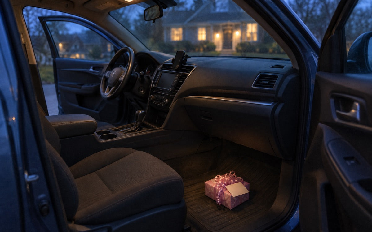 Empty passenger seat of a parked car in a driveway at dusk. A wrapped birthday gift on the floor mat. House lights on behind it.