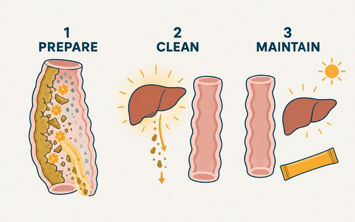 Three vertical panels: a coated pipe being cleared, a liver marked clean in gold, a single morning stick on a kitchen counter, labelled PREPARE / CLEAN / MAINTAIN