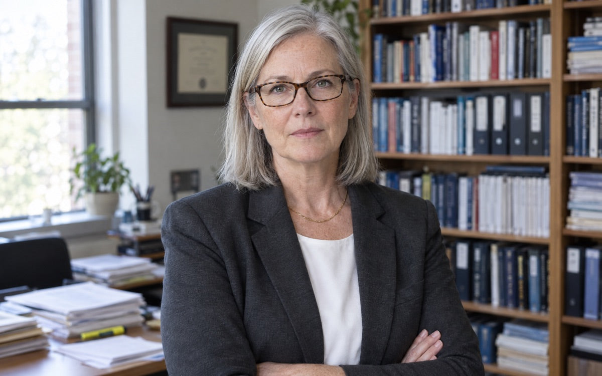 Studio portrait of Dr. Helen Marsh: early sixties, dark blazer, research papers on the desk behind her, no smile